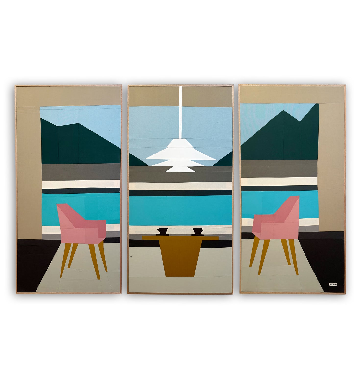 Coffee With A View Original Quilted Triptych in Handmade Frame