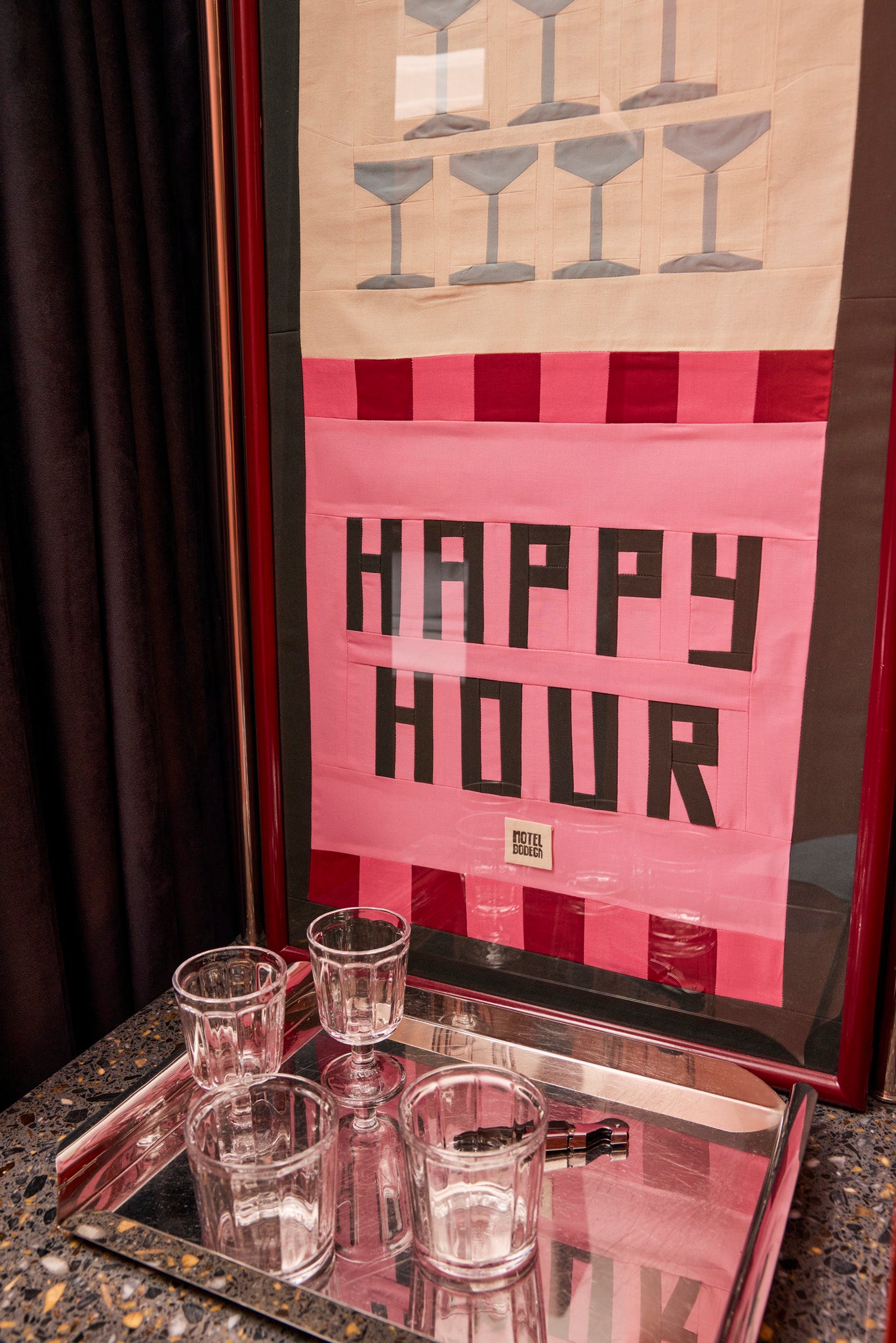 Happy Hour Original Quilted Artwork in Vintage Frame