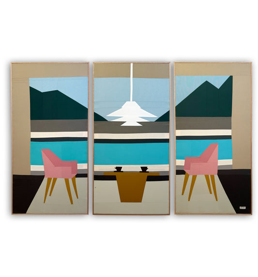 Coffee With A View Original Quilted Triptych in Handmade Frame